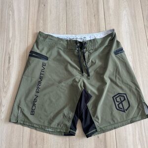 Born Primitive Olive Green Drawstring Board Shorts with Black Laces